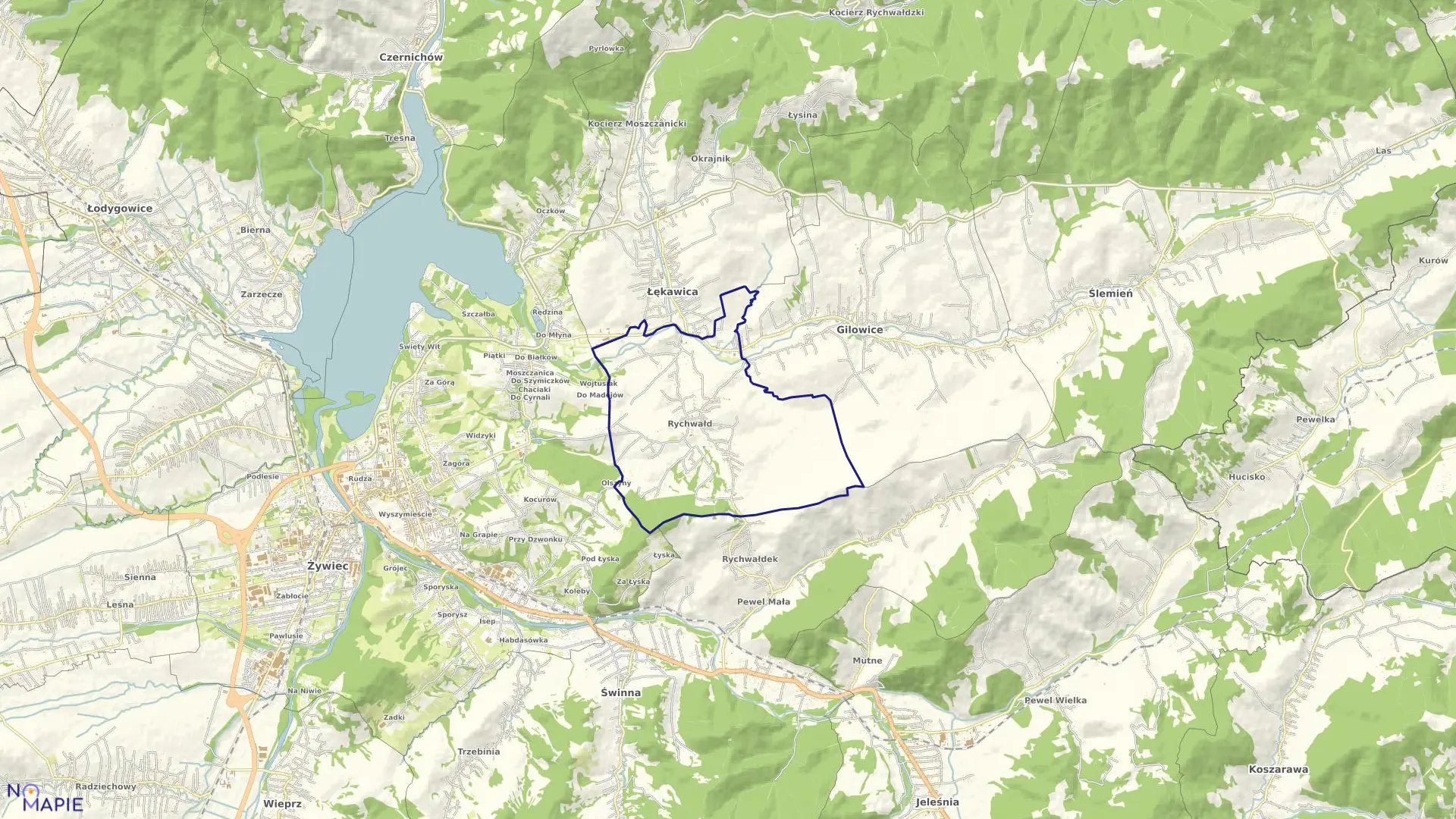 Mapa obrębu Rychwałd w gminie Gilowice